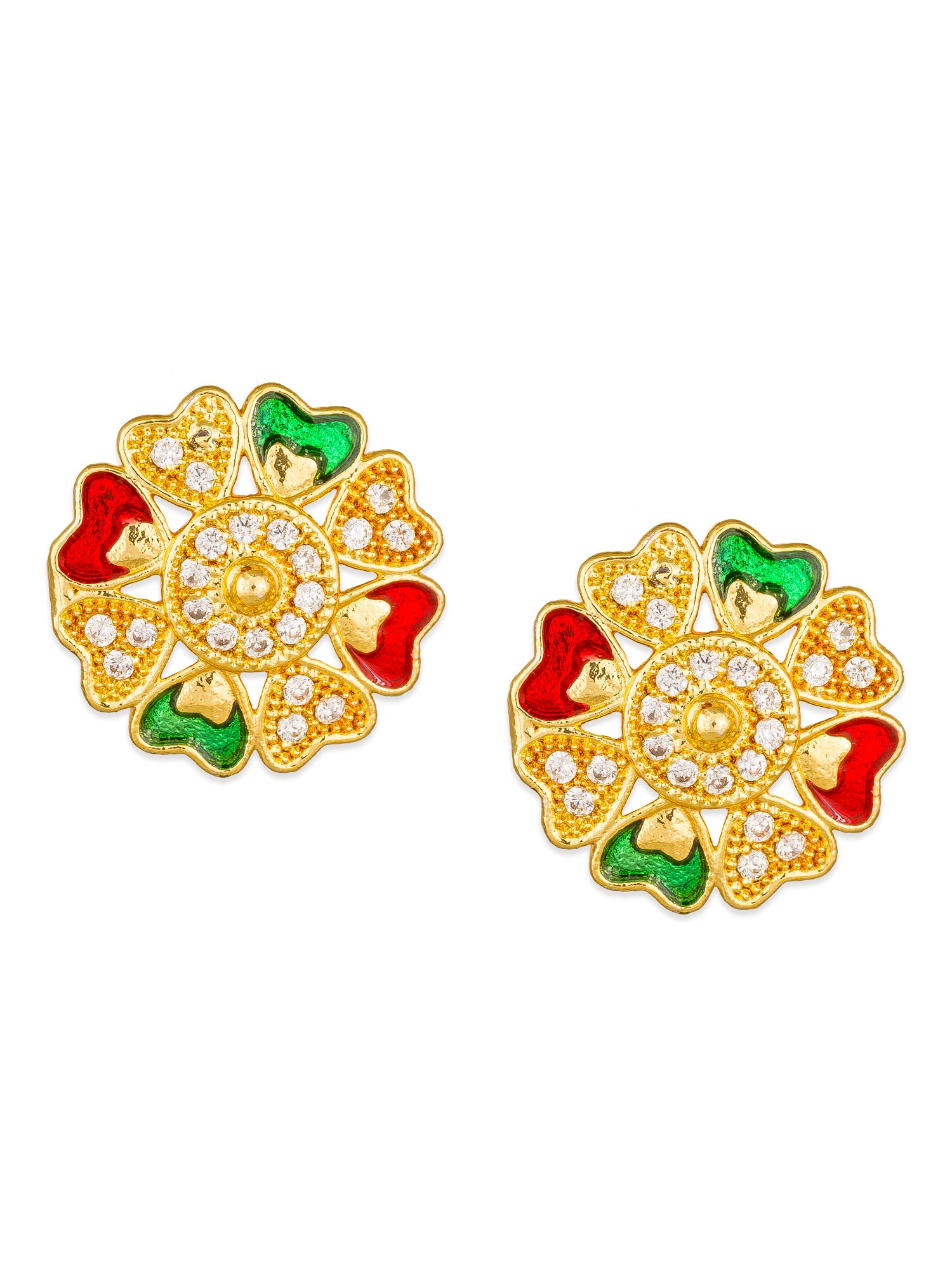 Aadita Casual Wear Gold-Tone Floral Enamel Stud Earrings with Heart Petal Design and White Stone Centre