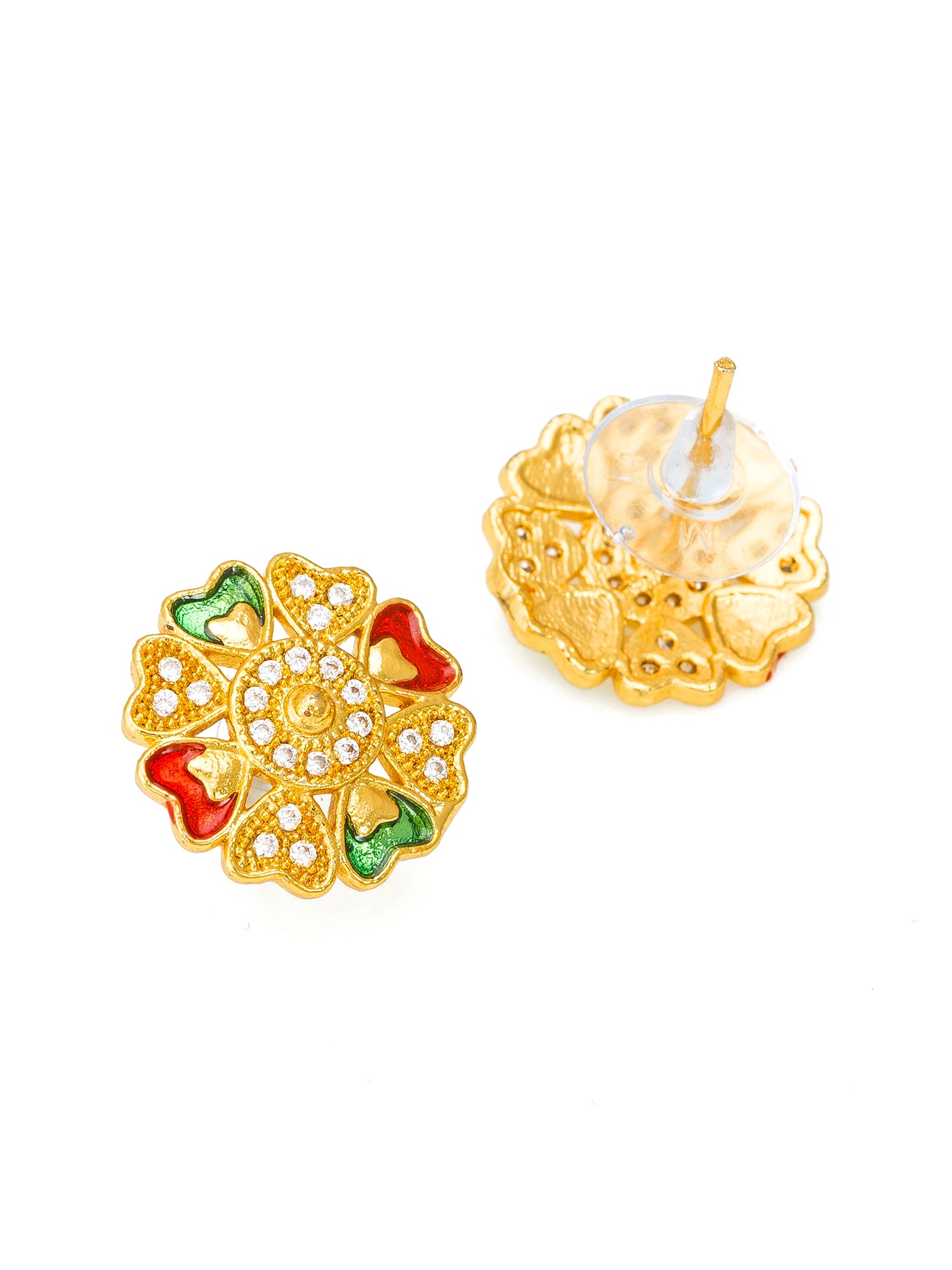 Aadita Casual Wear Gold-Tone Floral Enamel Stud Earrings with Heart Petal Design and White Stone Centre