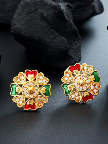 Aadita Casual Wear Gold-Tone Floral Enamel Stud Earrings with Heart Petal Design and White Stone Centre