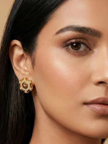 Aadita Gold Tone Meenakari Floral Stud Earrings with Stone