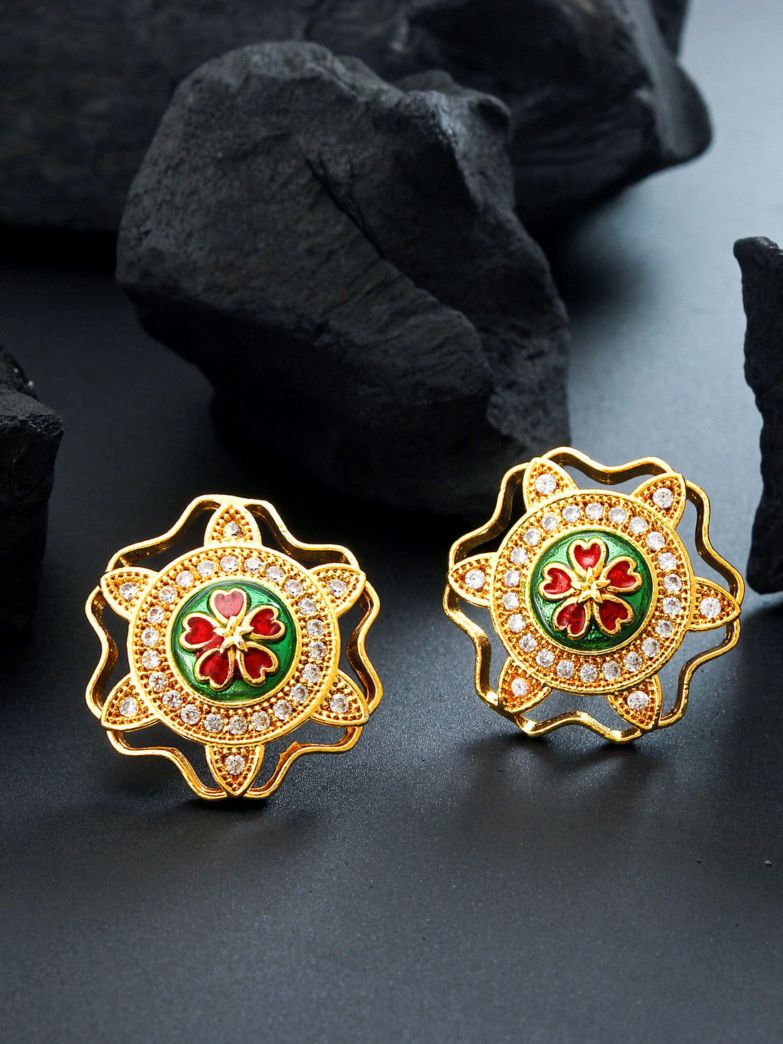 Aadita Gold Tone Meenakari Floral Stud Earrings with Stone