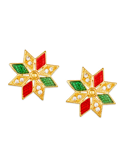 Aadita Gold-Plated Red and Green Meenakari Eight-Point Star Stud Earrings with White AD Stones For Festive Wear