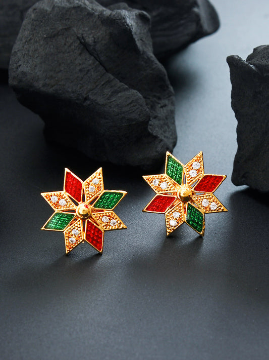 Aadita Gold-Plated Red and Green Meenakari Eight-Point Star Stud Earrings with White AD Stones For Festive Wear
