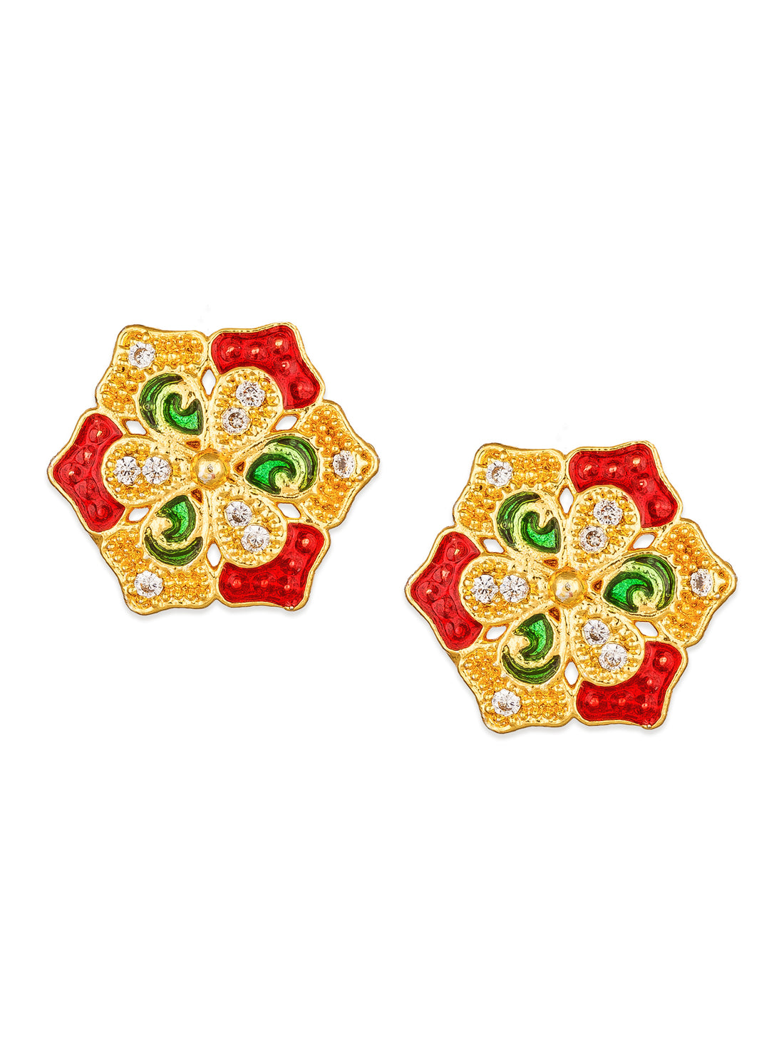 Aadita Traditional Events Floral Gold-Plated Meenakari Stud Earrings with White Stones