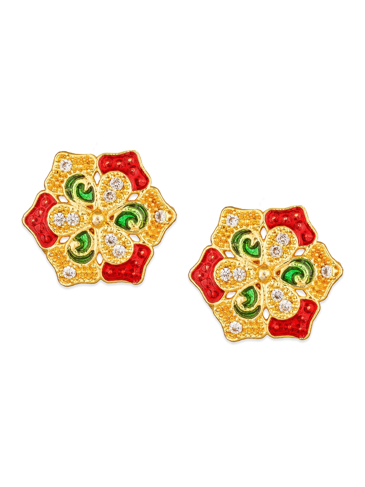 Aadita Traditional Events Floral Gold-Plated Meenakari Stud Earrings with White Stones