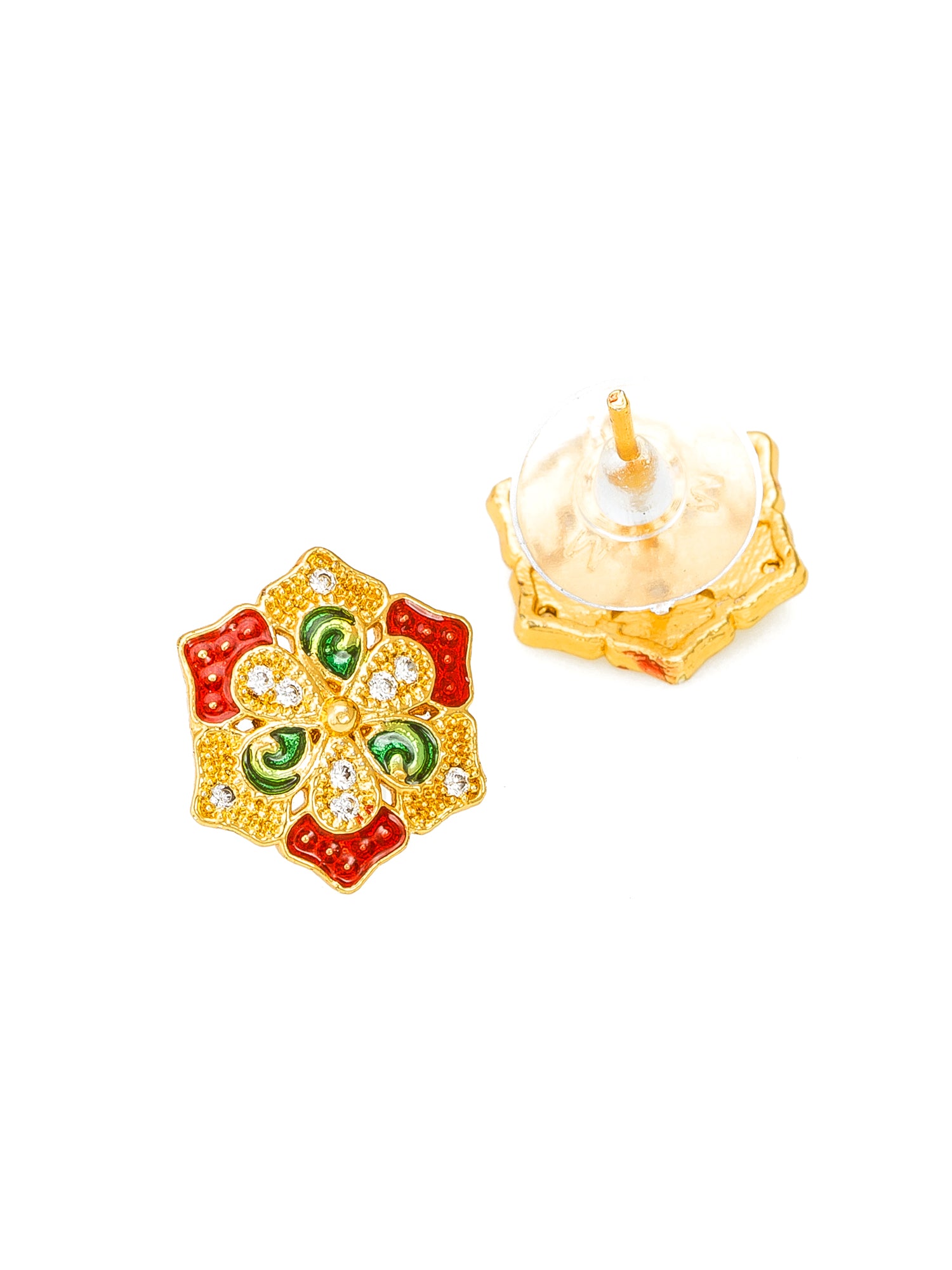 Aadita Traditional Events Floral Gold-Plated Meenakari Stud Earrings with White Stones