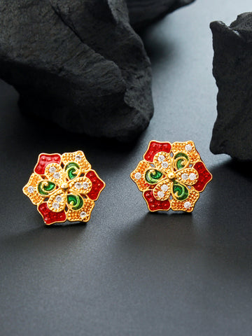 Aadita Traditional Events Floral Gold-Plated Meenakari Stud Earrings with White Stones