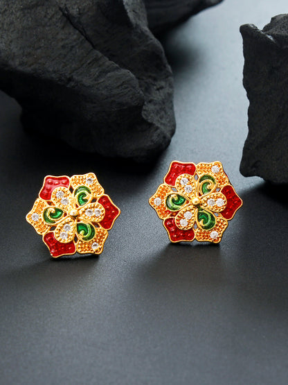 Aadita Traditional Events Floral Gold-Plated Meenakari Stud Earrings with White Stones
