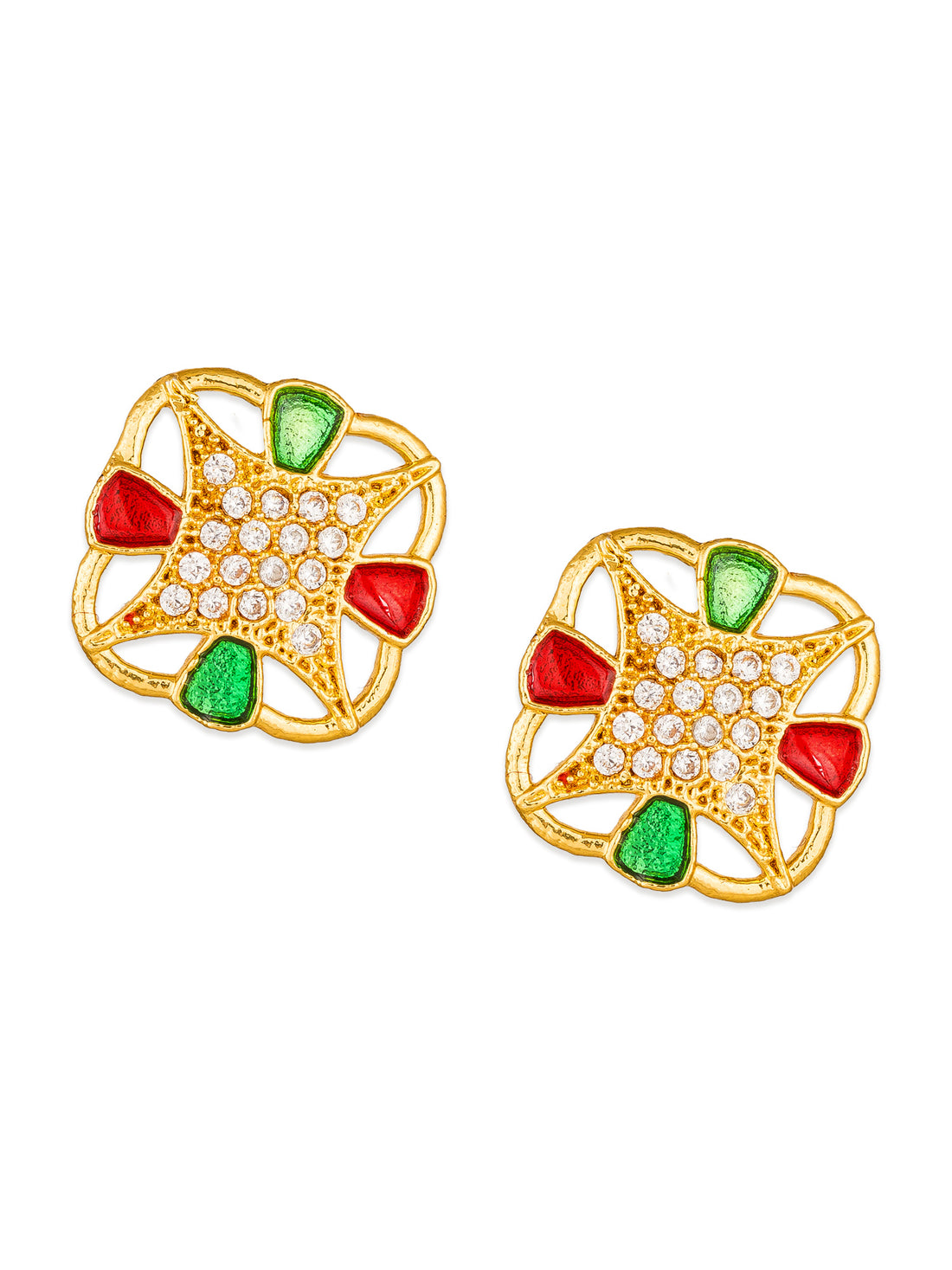 Aadita Gold-Plated Meenakari Stud Earrings with Red Green Enamel and White Stone Centre