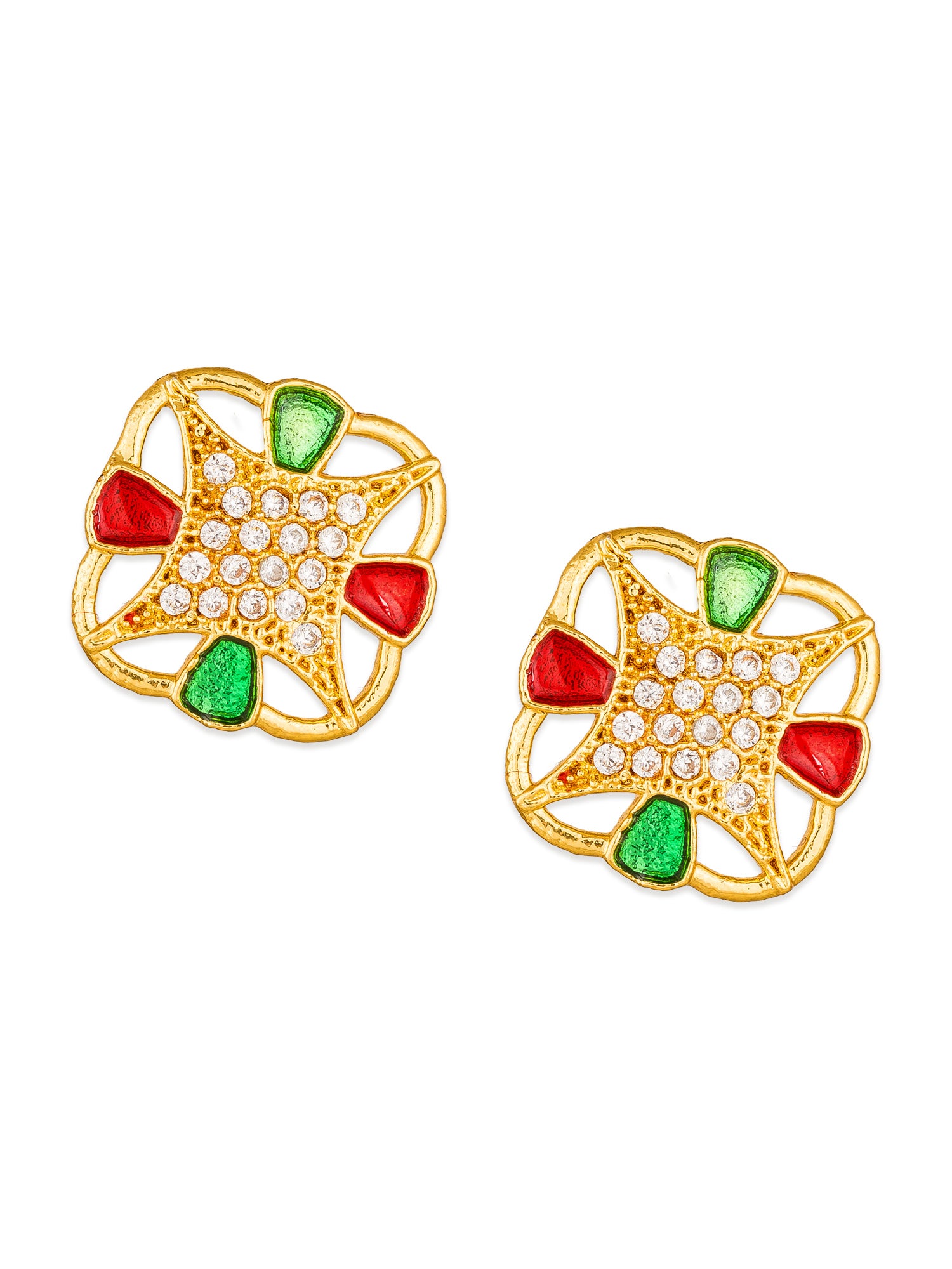 Aadita Gold-Plated Meenakari Stud Earrings with Red Green Enamel and White Stone Centre