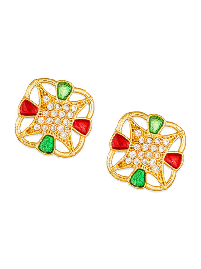 Aadita Gold-Plated Meenakari Stud Earrings with Red Green Enamel and White Stone Centre