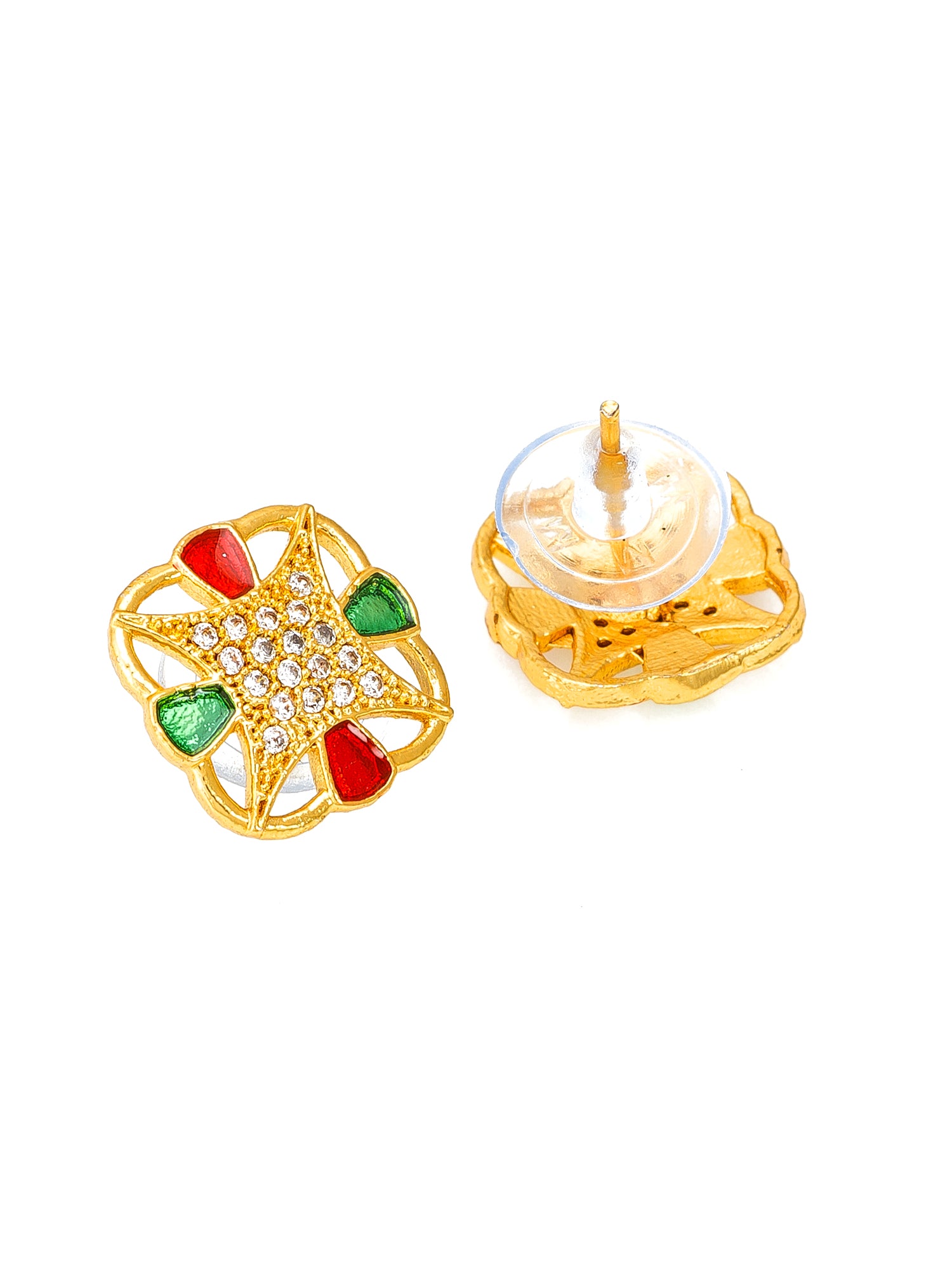 Aadita Gold-Plated Meenakari Stud Earrings with Red Green Enamel and White Stone Centre