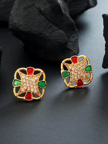 Aadita Gold-Plated Meenakari Stud Earrings with Red Green Enamel and White Stone Centre