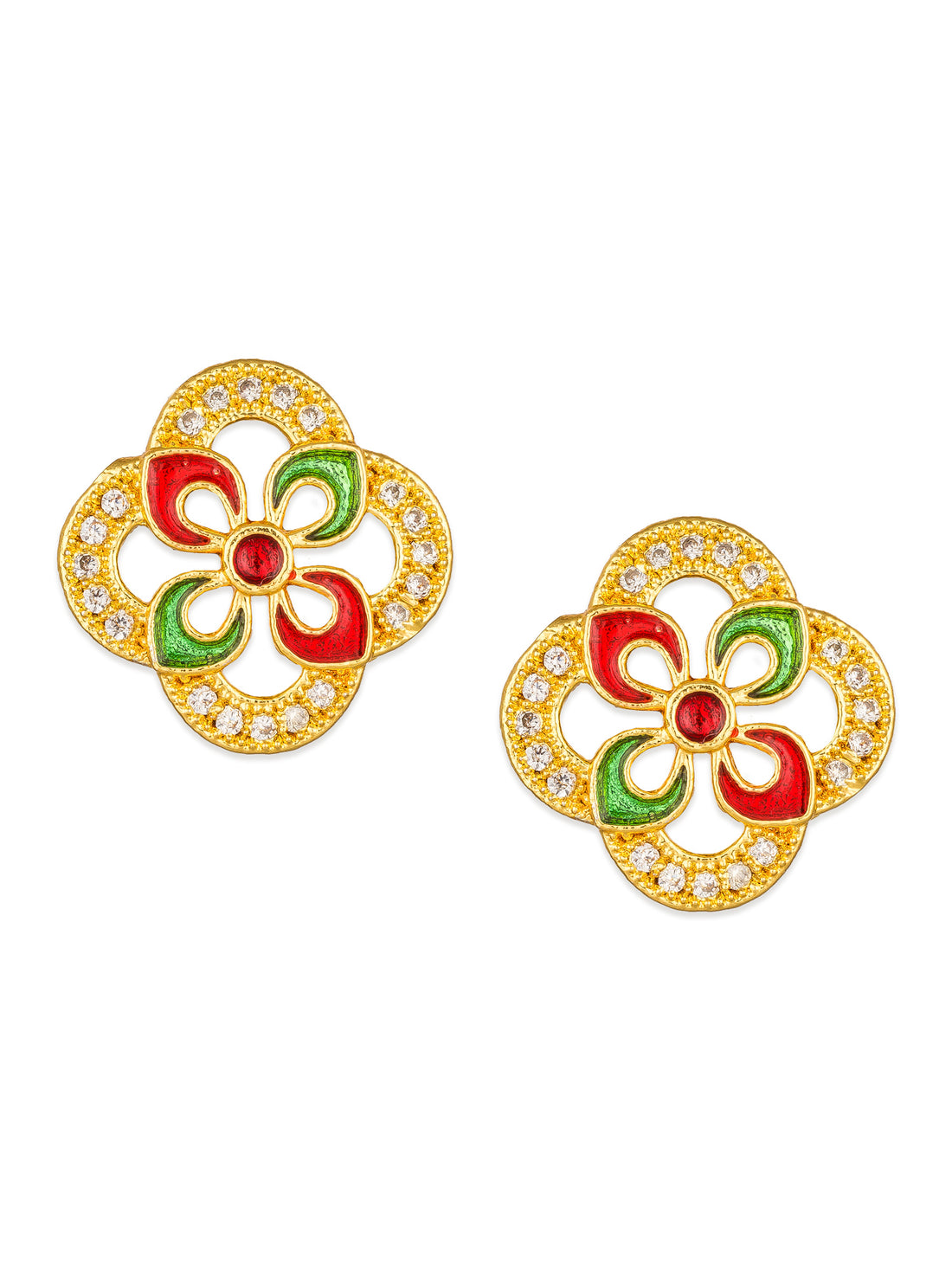 Aadita Gold-Tone Open Floral Enamel Stud Earrings with Red Green Meenakari and White Stone Border For Festive Wear