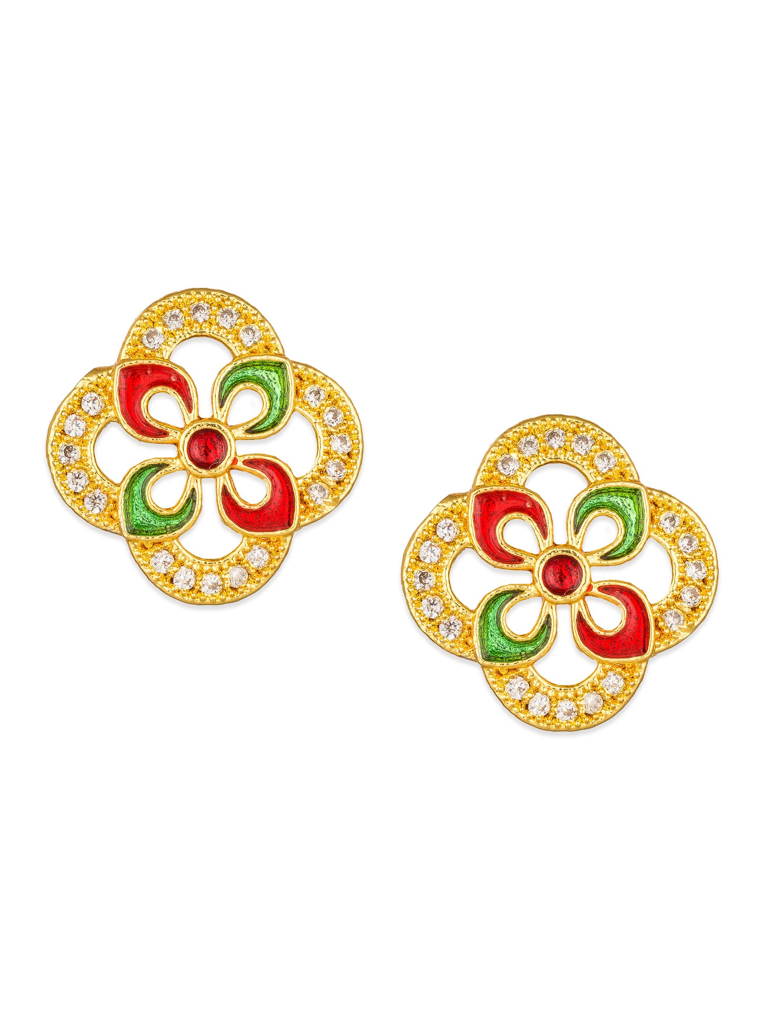 Aadita Gold-Tone Open Floral Enamel Stud Earrings with Red Green Meenakari and White Stone Border For Festive Wear