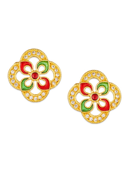 Aadita Gold-Tone Open Floral Enamel Stud Earrings with Red Green Meenakari and White Stone Border For Festive Wear