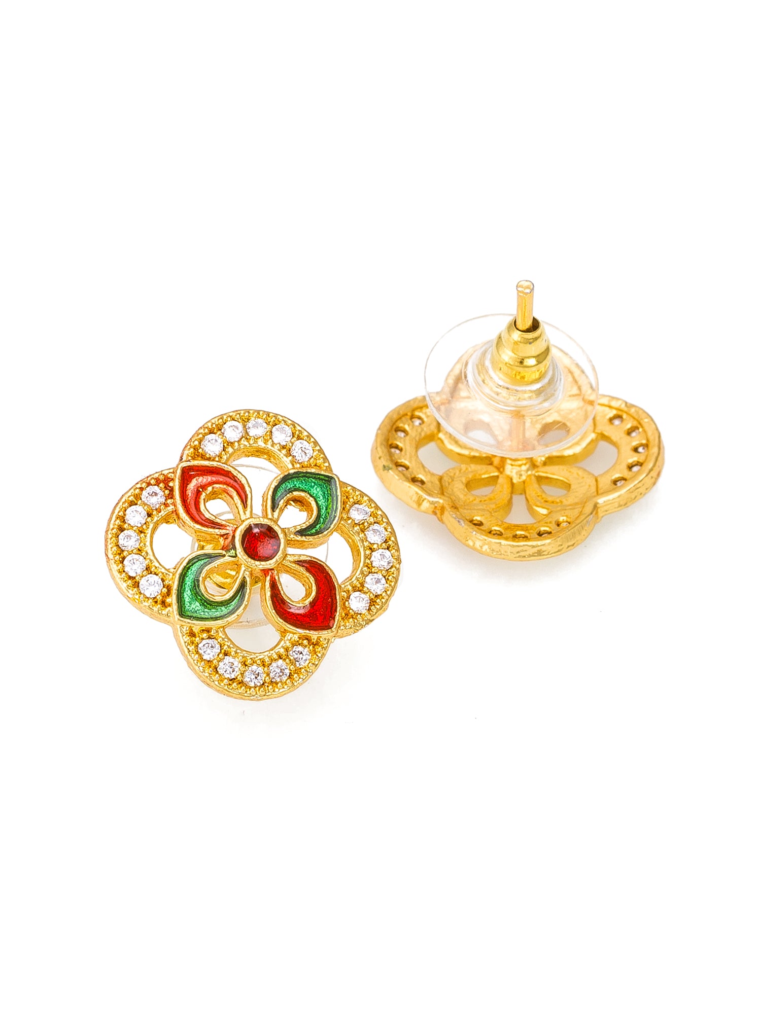 Aadita Gold-Tone Open Floral Enamel Stud Earrings with Red Green Meenakari and White Stone Border For Festive Wear