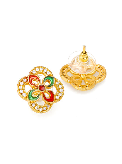Aadita Gold-Tone Open Floral Enamel Stud Earrings with Red Green Meenakari and White Stone Border For Festive Wear