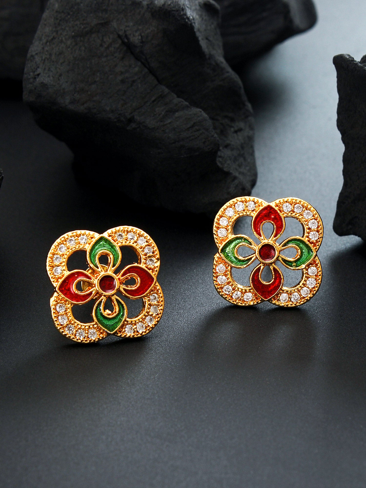 Aadita Gold-Tone Open Floral Enamel Stud Earrings with Red Green Meenakari and White Stone Border For Festive Wear