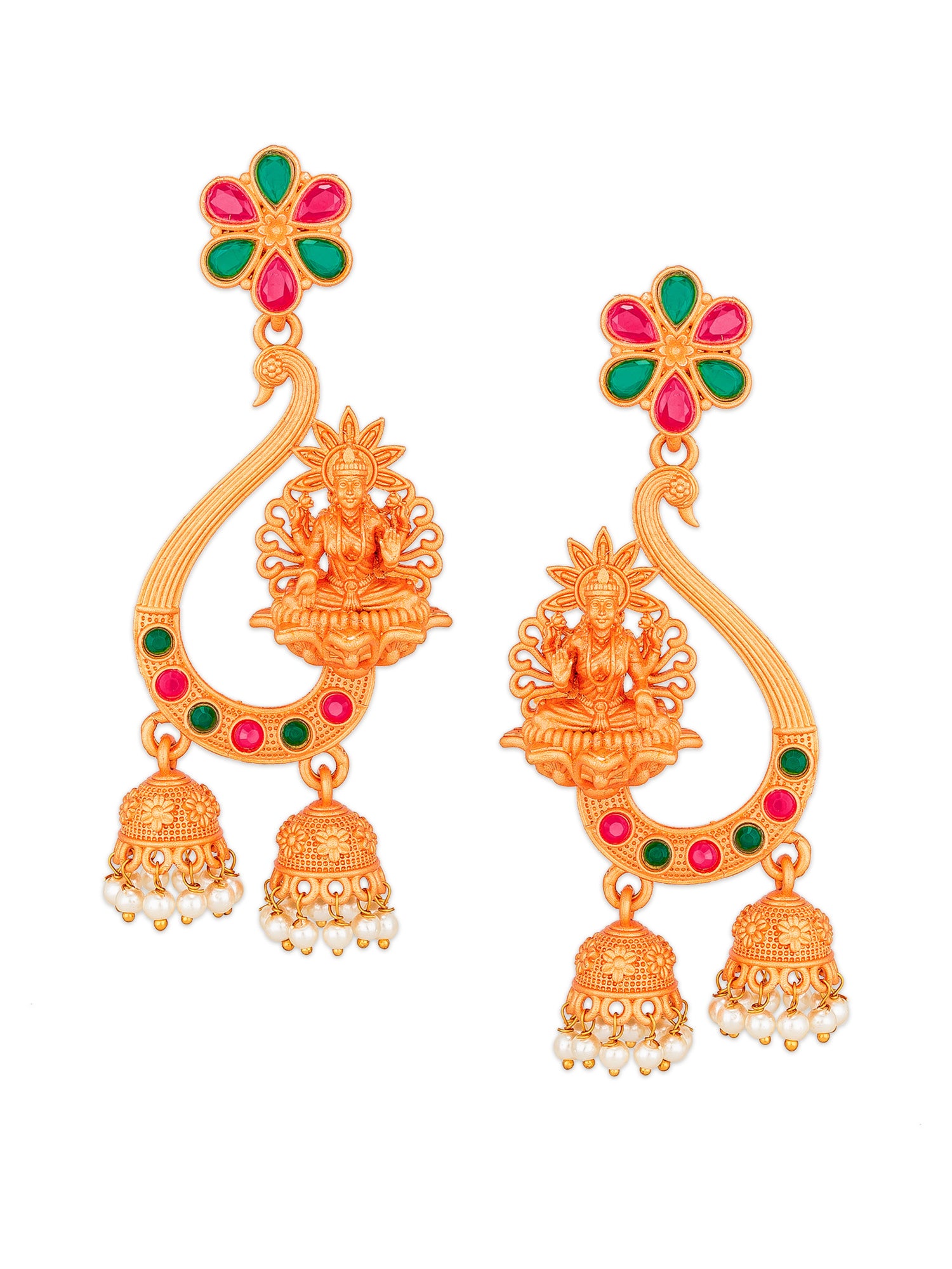 Aadita Traditional Gold-Toned Goddess Lakshmi Temple Jewellery Chandelier Jhumka Earrings with Red &Green Stones and Pearl Drops