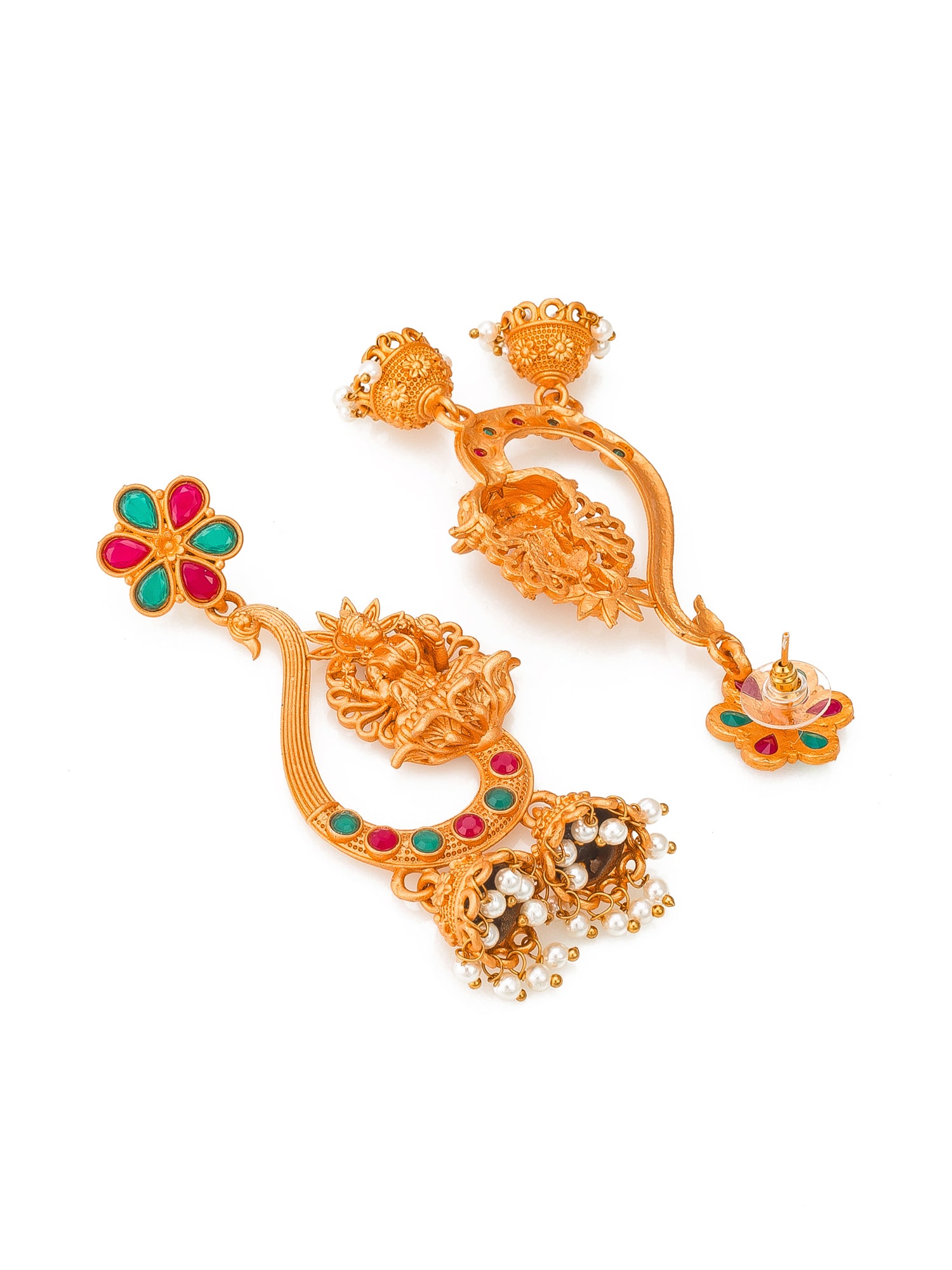 Aadita Traditional Gold-Toned Goddess Lakshmi Temple Jewellery Chandelier Jhumka Earrings with Red &Green Stones and Pearl Drops