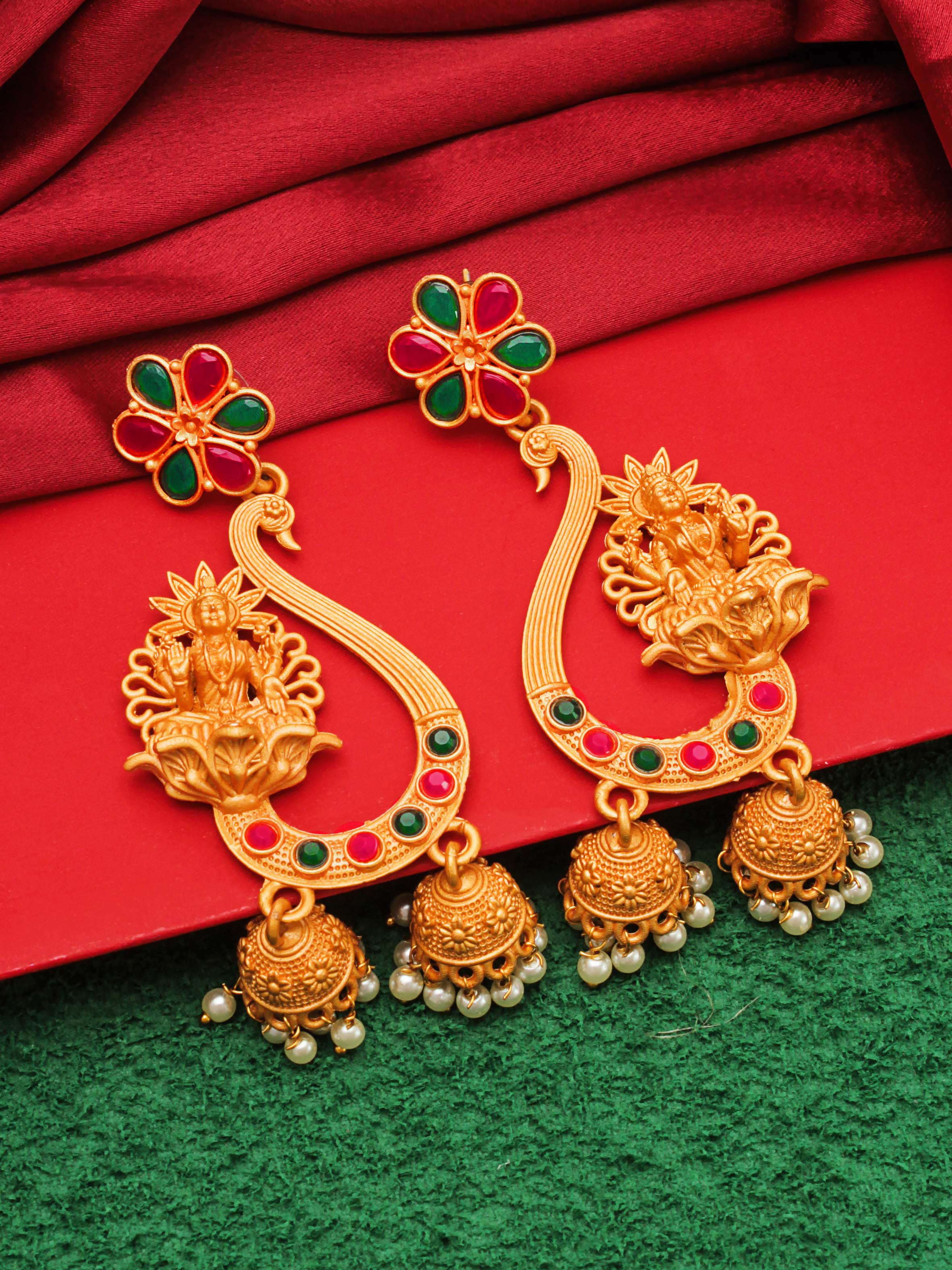 Aadita Traditional Gold-Toned Goddess Lakshmi Temple Jewellery Chandelier Jhumka Earrings with Red &Green Stones and Pearl Drops