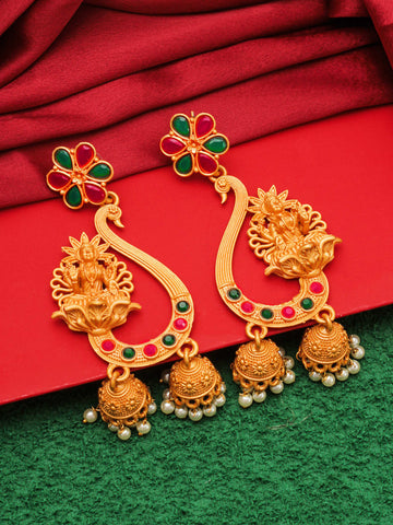 Aadita Traditional Gold-Toned Goddess Lakshmi Temple Jewellery Chandelier Jhumka Earrings with Red &Green Stones and Pearl Drops