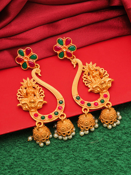 Aadita Traditional Gold-Toned Goddess Lakshmi Temple Jewellery Chandelier Jhumka Earrings with Red &Green Stones and Pearl Drops