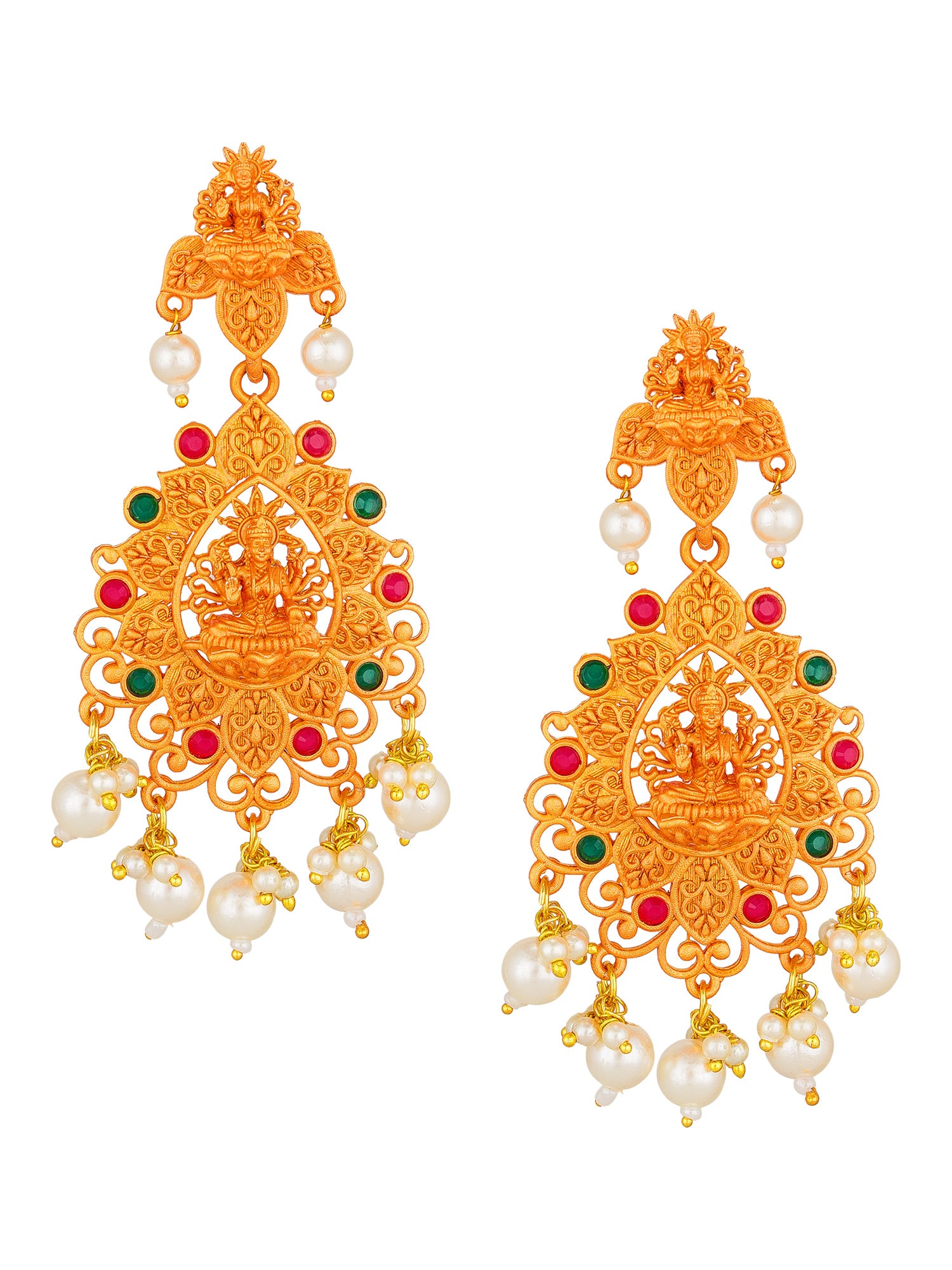 Aadita Traditional Ceremony Gold-Plated Temple Lakshmi Chandelier Earrings with Ruby, Emerald Stones and Pearl Drops