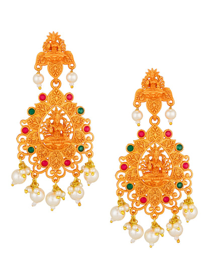 Aadita Traditional Ceremony Gold-Plated Temple Lakshmi Chandelier Earrings with Ruby, Emerald Stones and Pearl Drops