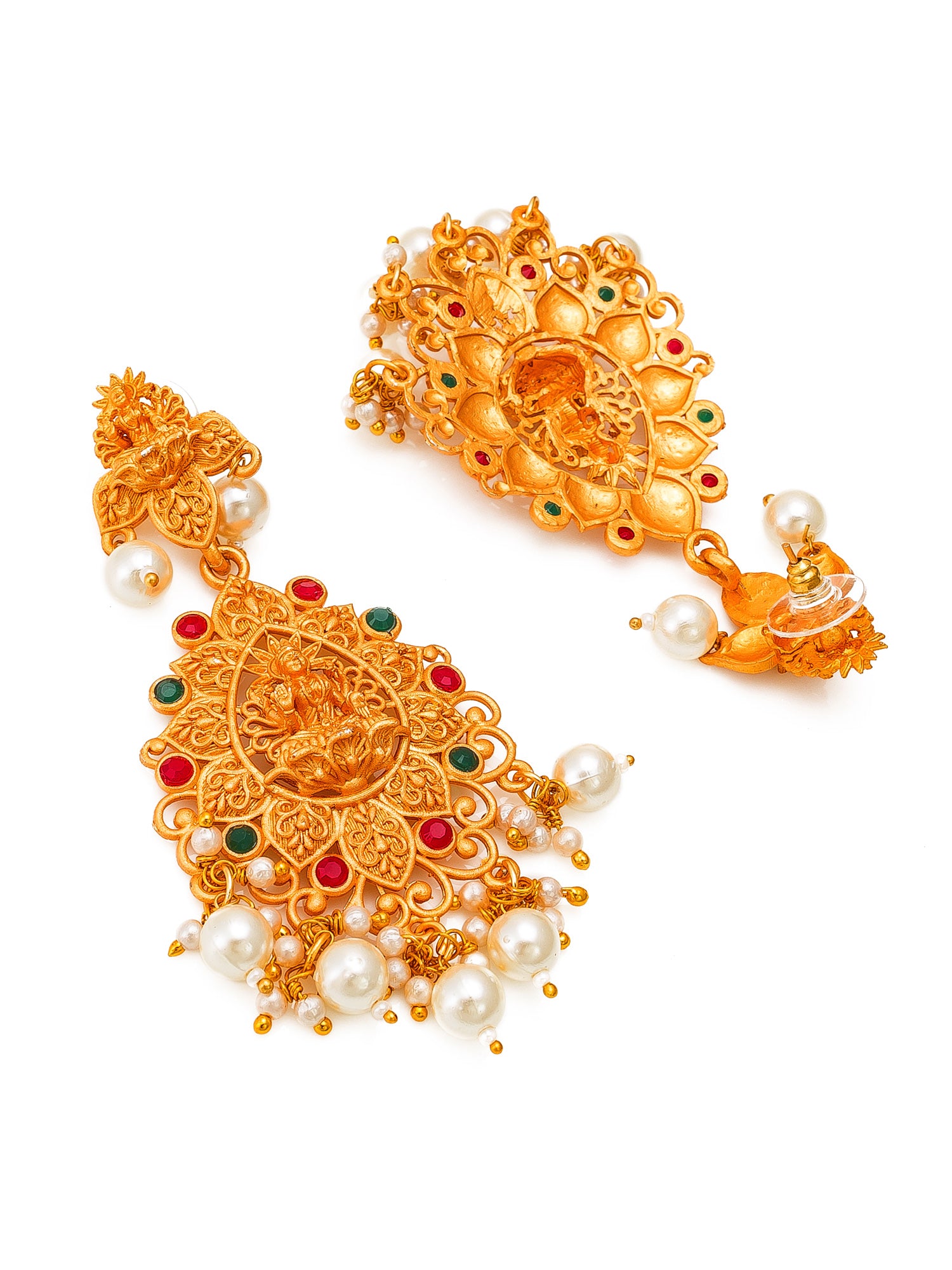 Aadita Traditional Ceremony Gold-Plated Temple Lakshmi Chandelier Earrings with Ruby, Emerald Stones and Pearl Drops