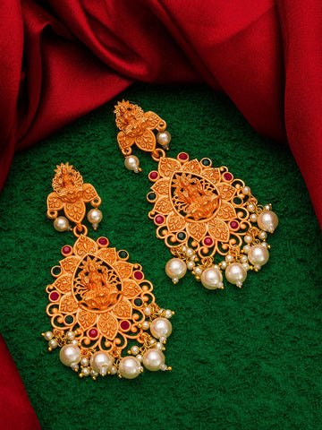 Aadita Traditional Ceremony Gold-Plated Temple Lakshmi Chandelier Earrings with Ruby, Emerald Stones and Pearl Drops