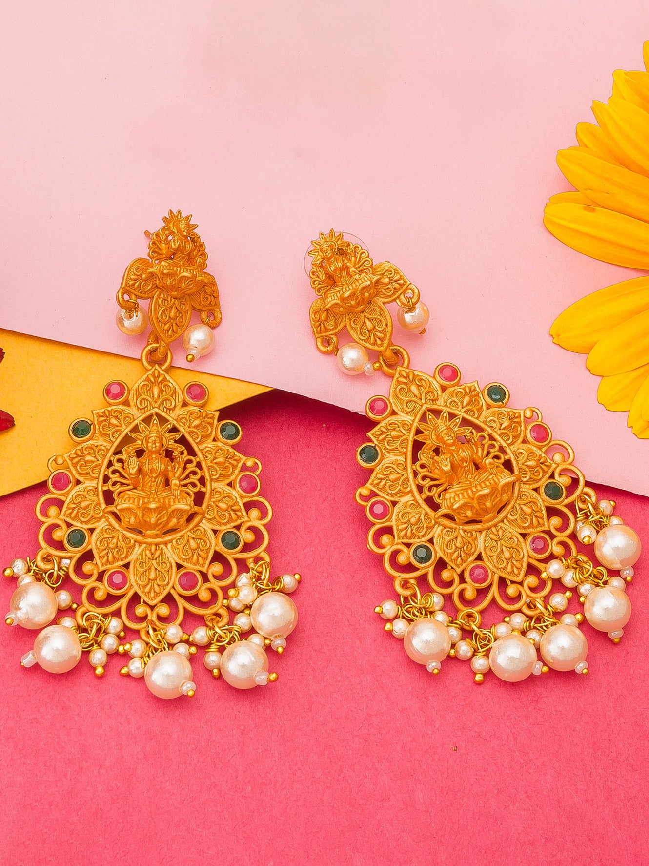 Aadita Traditional Ceremony Gold-Plated Temple Lakshmi Chandelier Earrings with Ruby, Emerald Stones and Pearl Drops