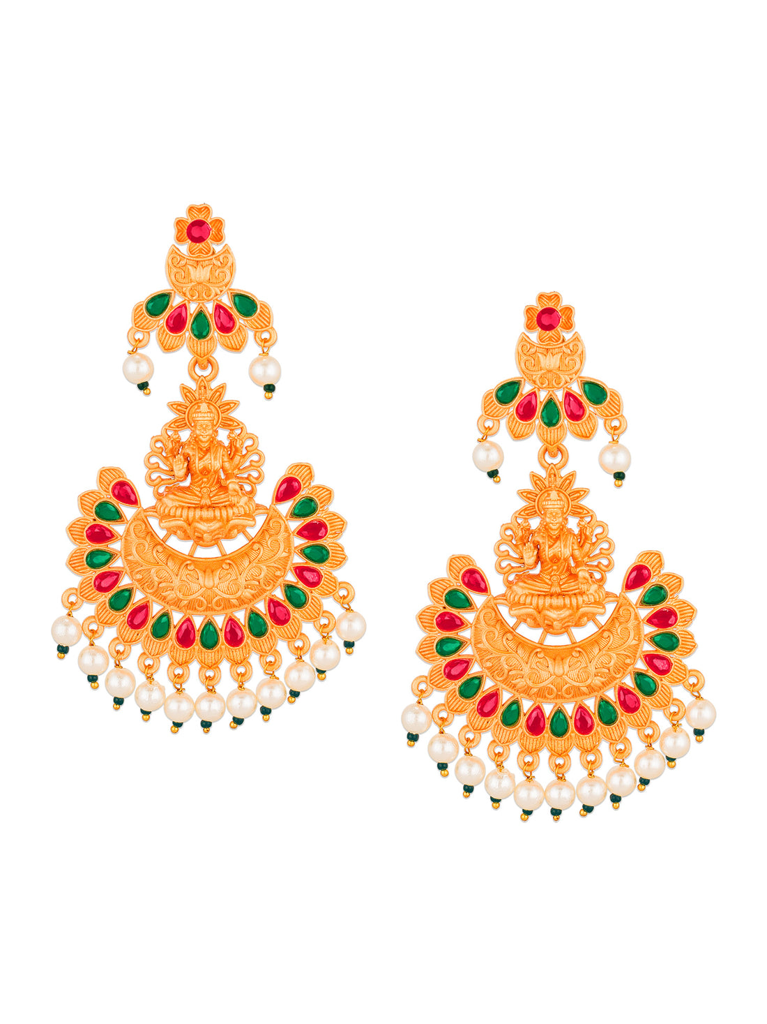 Aadita Wedding Wear Gold-Plated Lakshmi Temple Chandelier Earrings with Red Green Stones and Pearl Drops