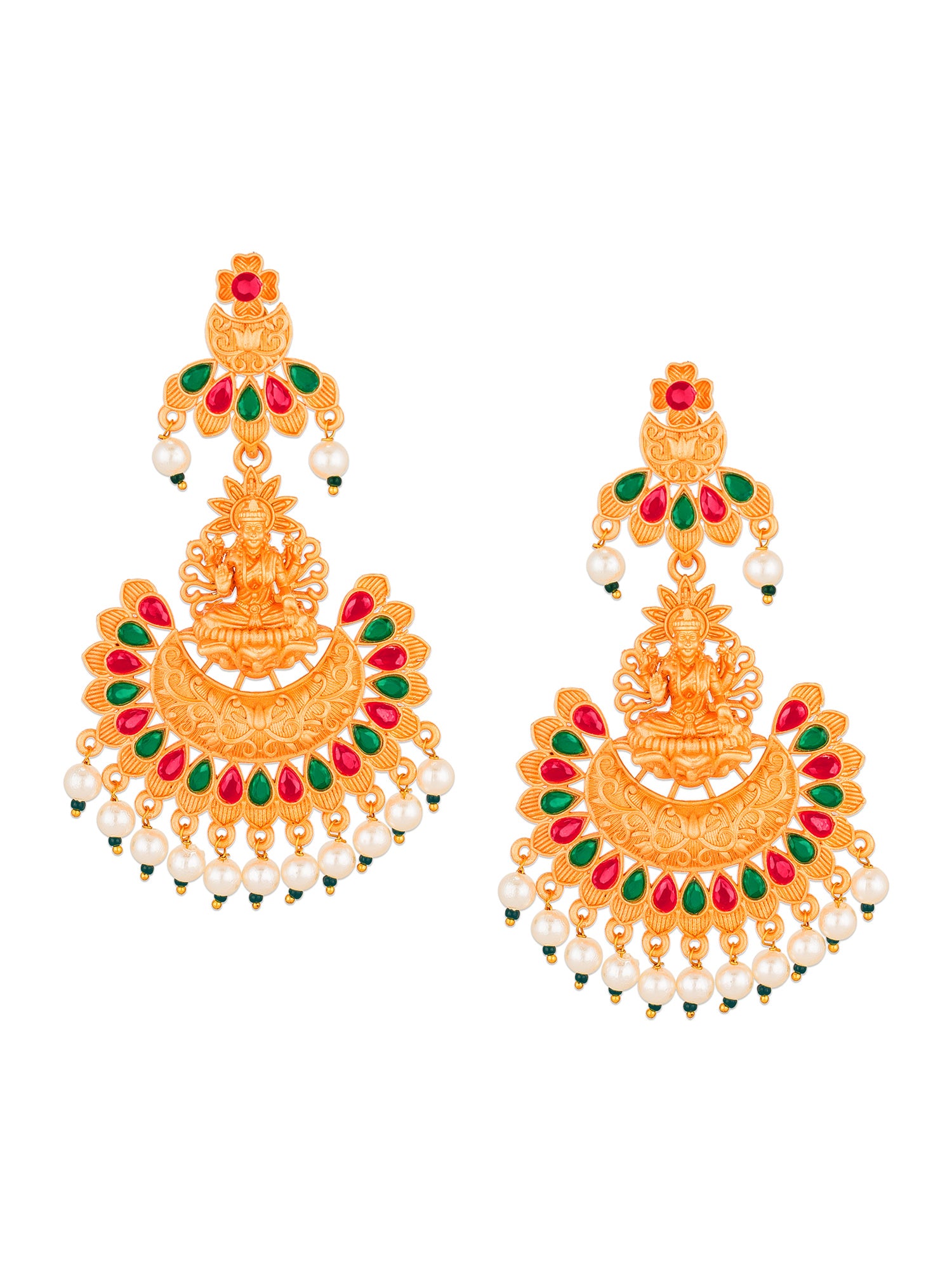 Aadita Wedding Wear Gold-Plated Lakshmi Temple Chandelier Earrings with Red Green Stones and Pearl Drops