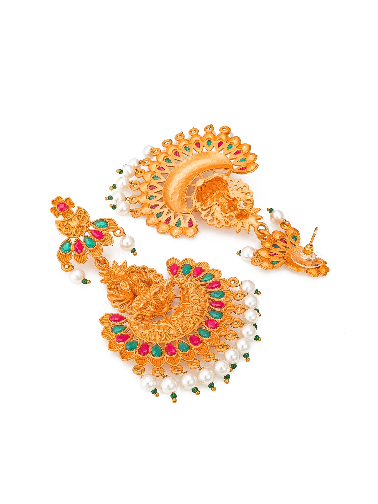 Aadita Wedding Wear Gold-Plated Lakshmi Temple Chandelier Earrings with Red Green Stones and Pearl Drops