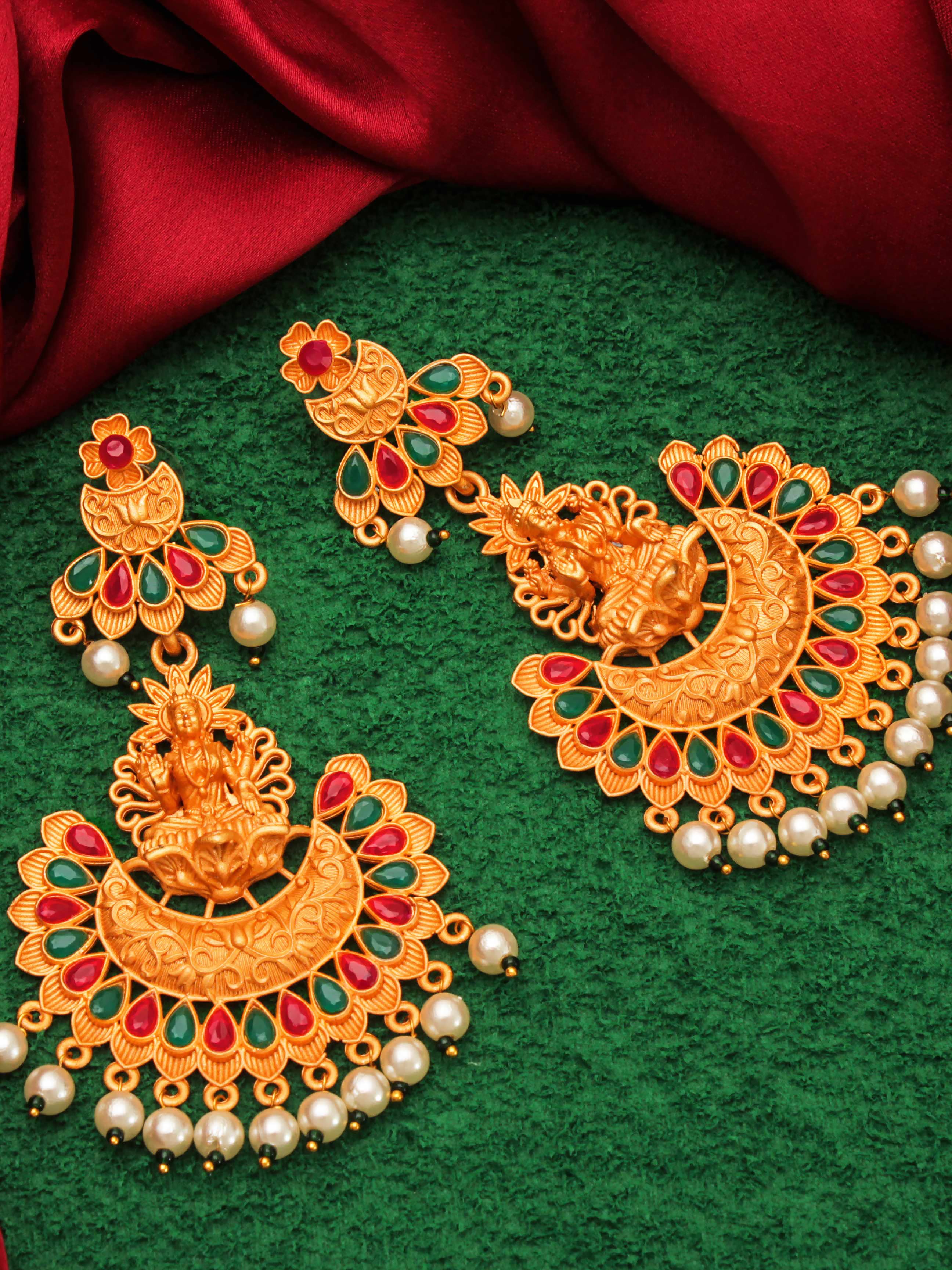 Aadita Wedding Wear Gold-Plated Lakshmi Temple Chandelier Earrings with Red Green Stones and Pearl Drops