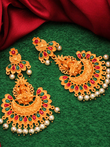 Aadita Wedding Wear Gold-Plated Lakshmi Temple Chandelier Earrings with Red Green Stones and Pearl Drops