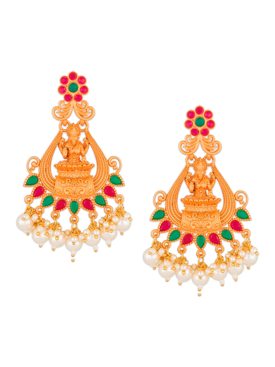 Aadita Wedding Wear Gold-Plated Temple Lakshmi Chandelier Earrings with Stones and Pearl Drops