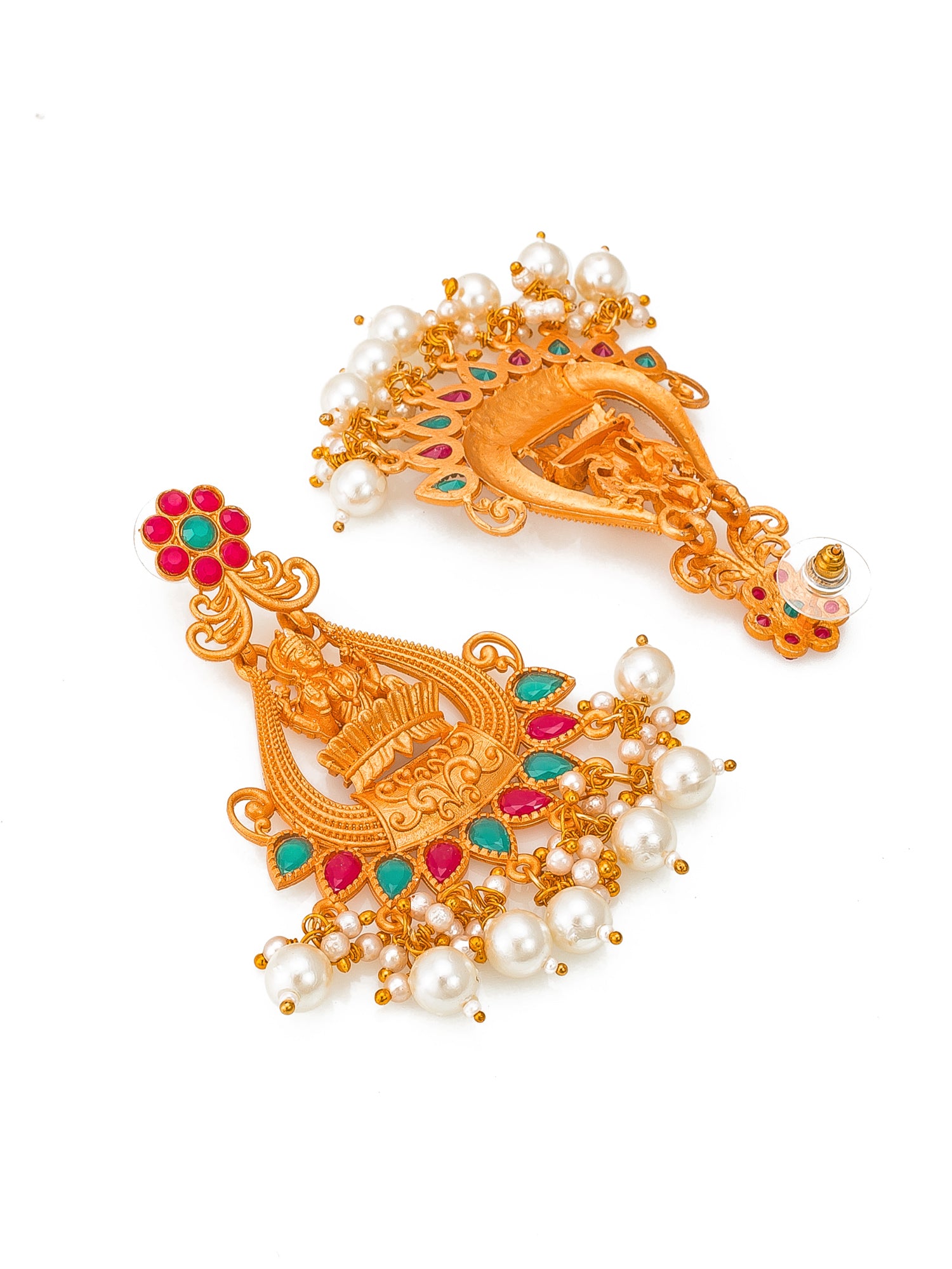 Aadita Wedding Wear Gold-Plated Temple Lakshmi Chandelier Earrings with Stones and Pearl Drops