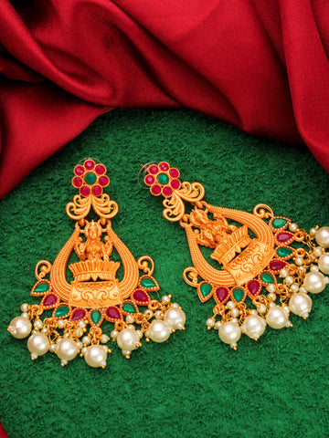 Aadita Wedding Wear Gold-Plated Temple Lakshmi Chandelier Earrings with Stones and Pearl Drops