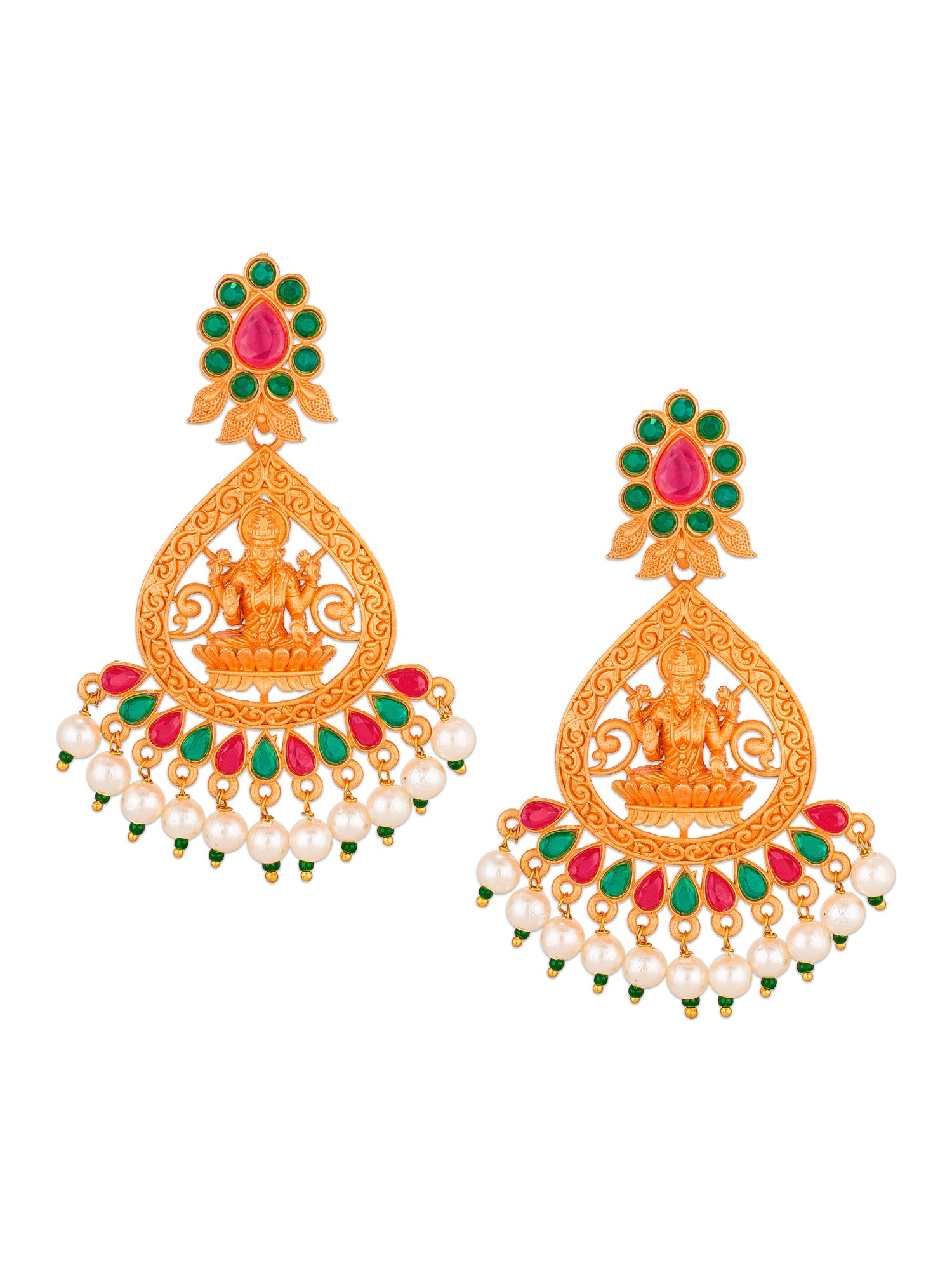 Aadita Traditional Wear Gold-Tone Goddess Lakshmi Temple Chandelier Earrings with Kundan Stones and Pearl Drops