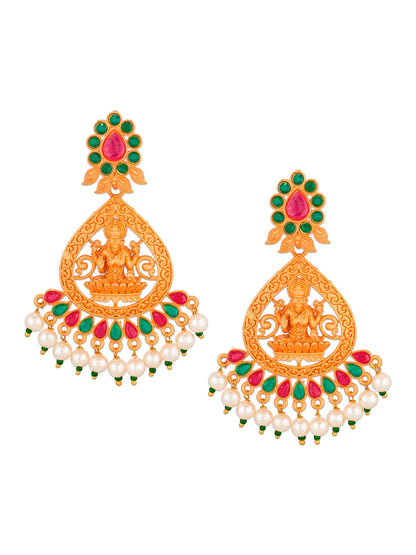 Aadita Traditional Wear Gold-Tone Goddess Lakshmi Temple Chandelier Earrings with Kundan Stones and Pearl Drops