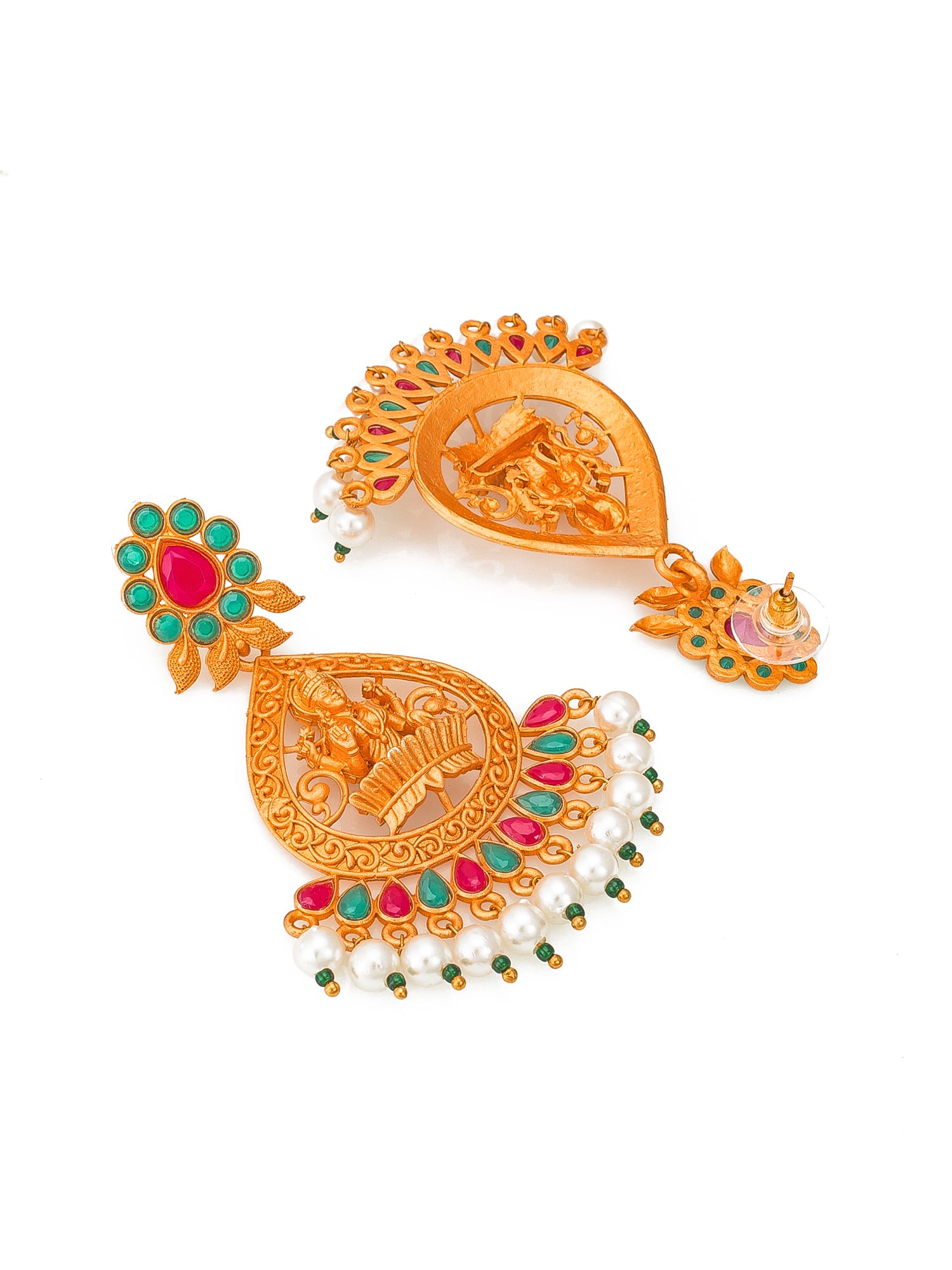 Aadita Traditional Wear Gold-Tone Goddess Lakshmi Temple Chandelier Earrings with Kundan Stones and Pearl Drops