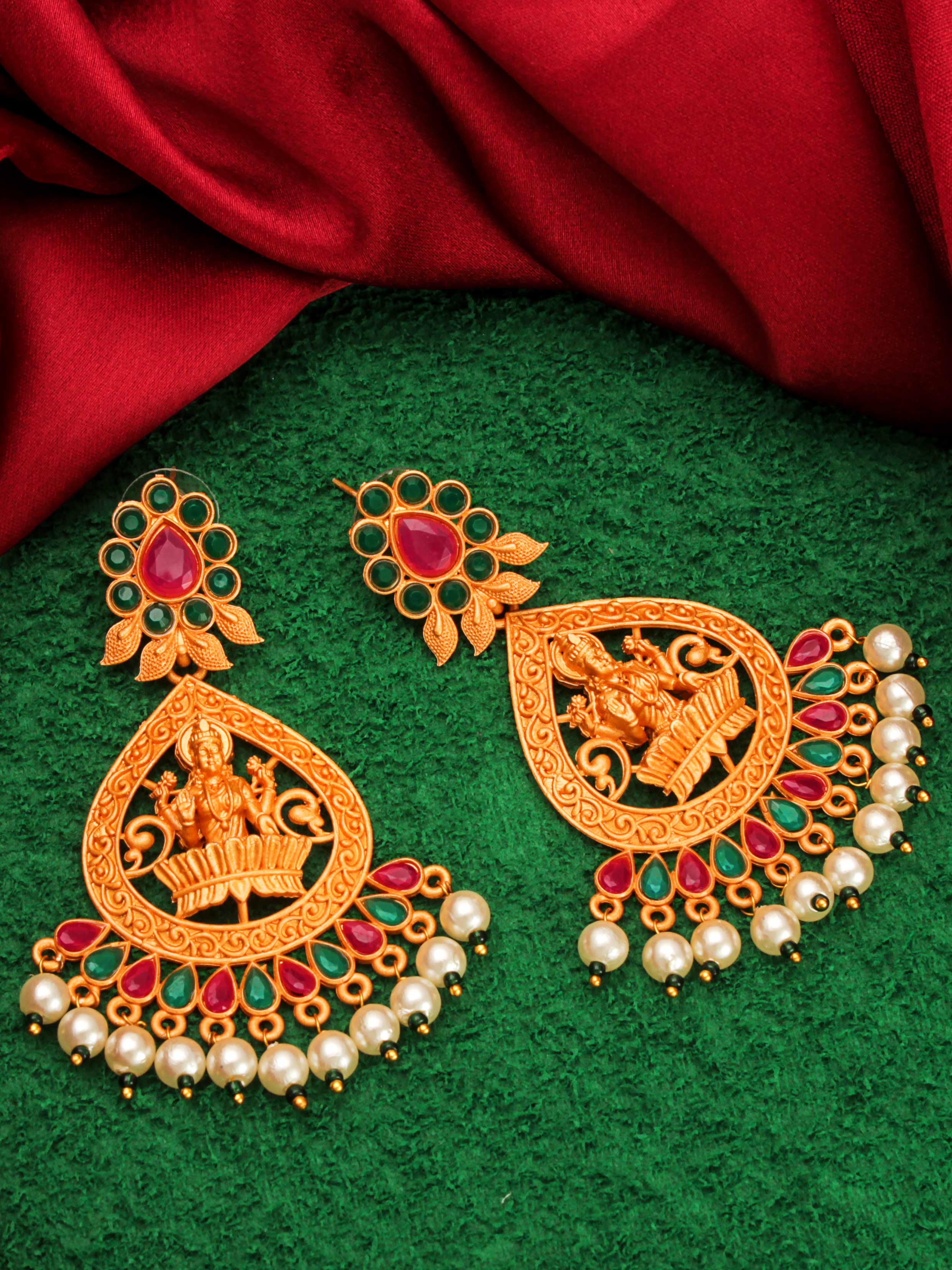 Aadita Traditional Wear Gold-Tone Goddess Lakshmi Temple Chandelier Earrings with Kundan Stones and Pearl Drops