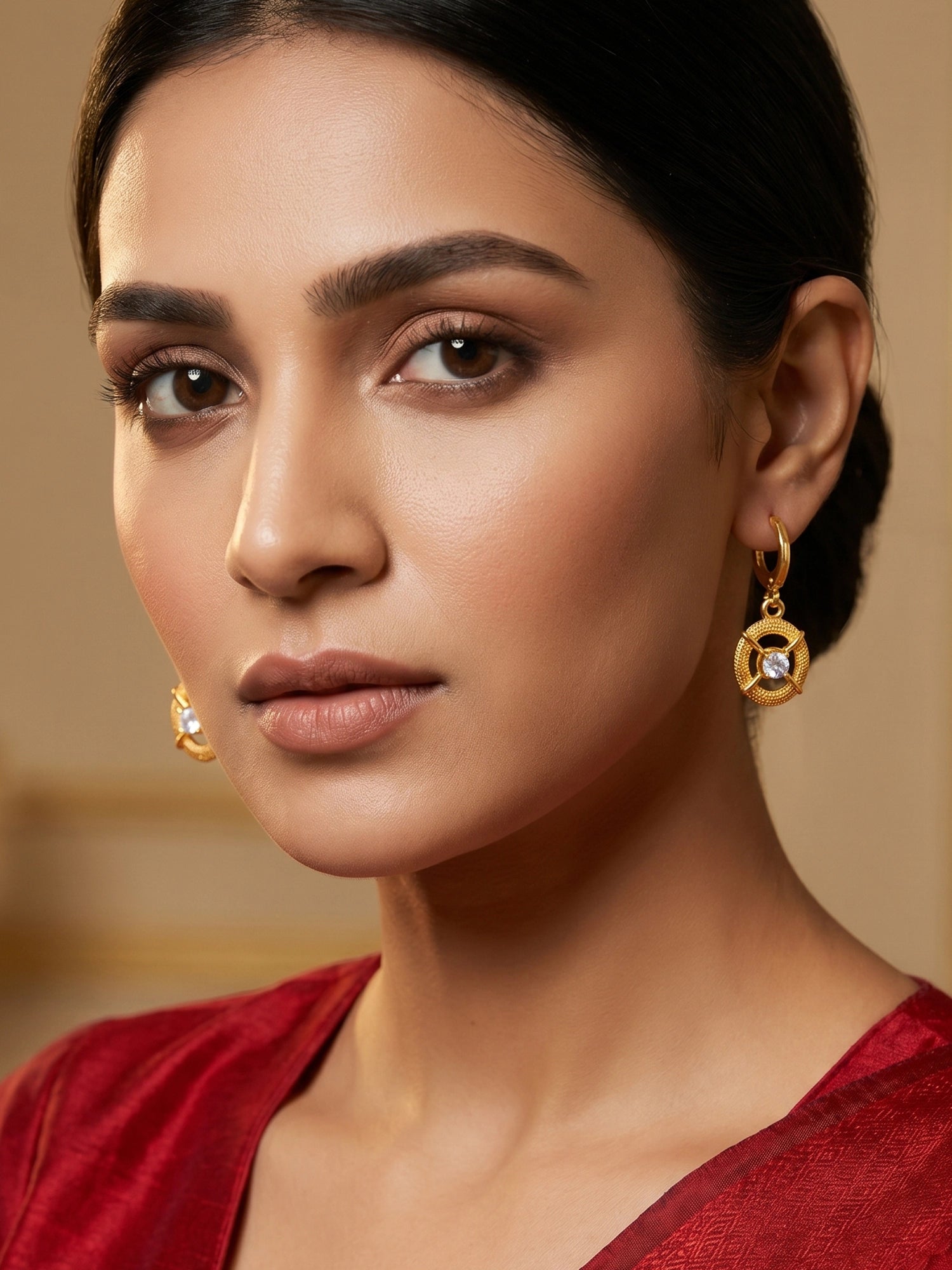 Aadita Gold-Toned AD Stone Oval Charm Huggie Drop Earrings