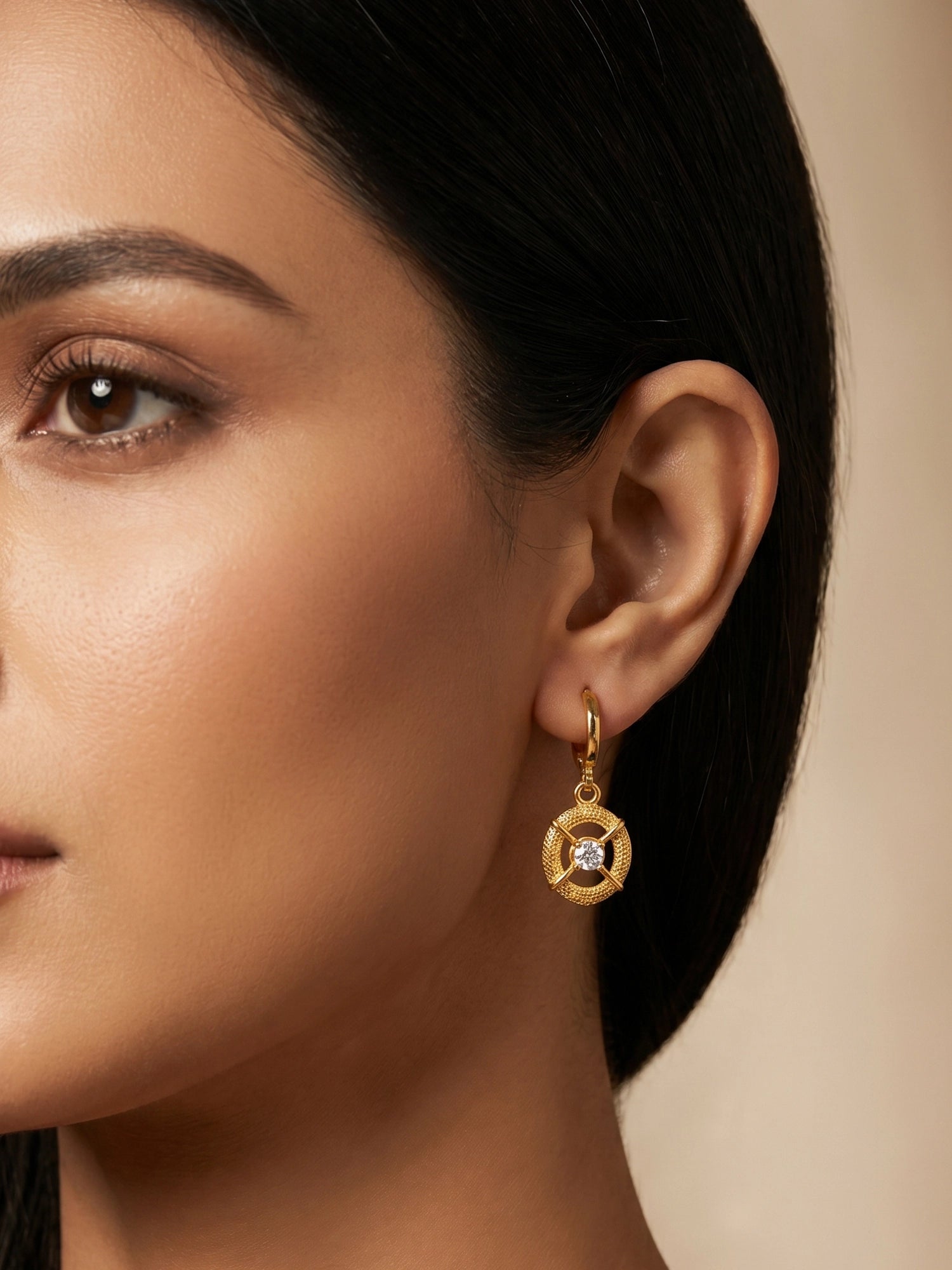 Aadita Gold-Toned AD Stone Oval Charm Huggie Drop Earrings
