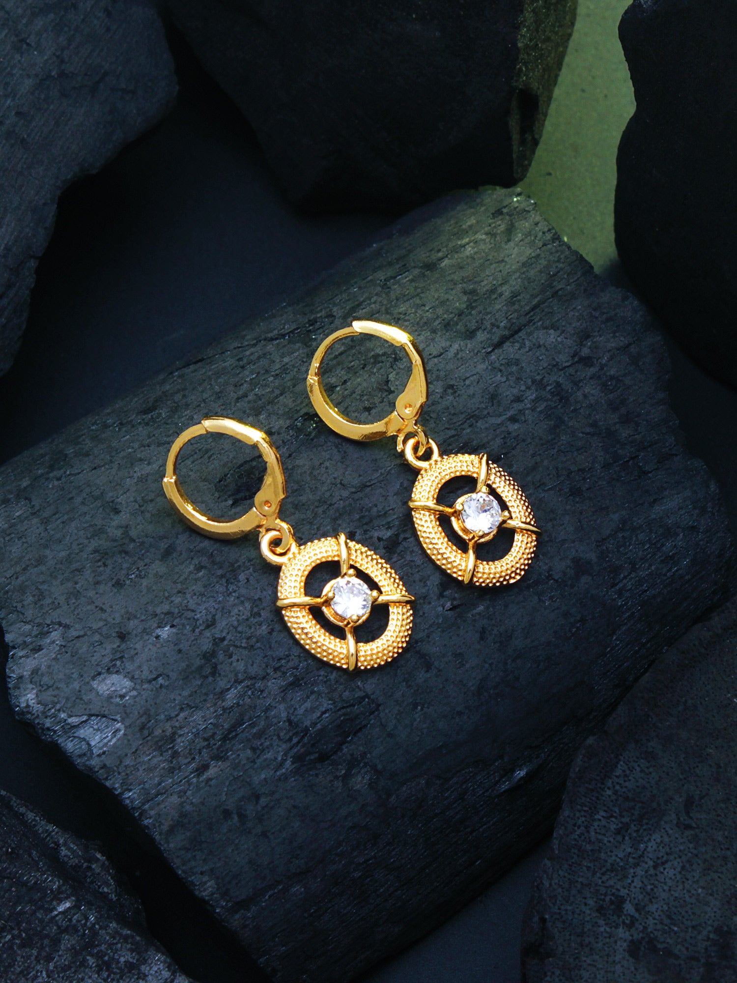 Aadita Gold-Toned AD Stone Oval Charm Huggie Drop Earrings