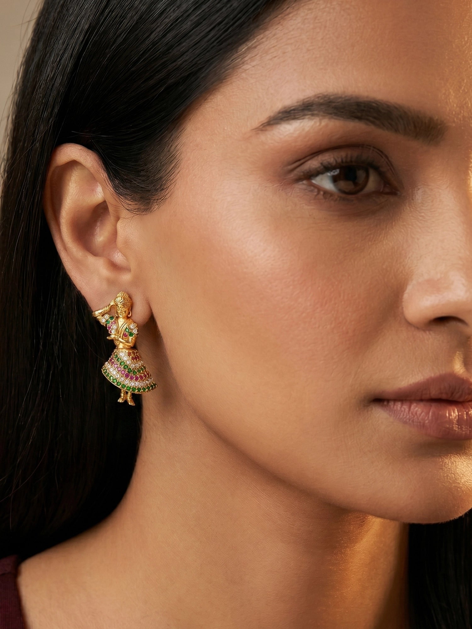 Aadita Gold Tone Dancing Figurine Earrings with Stone