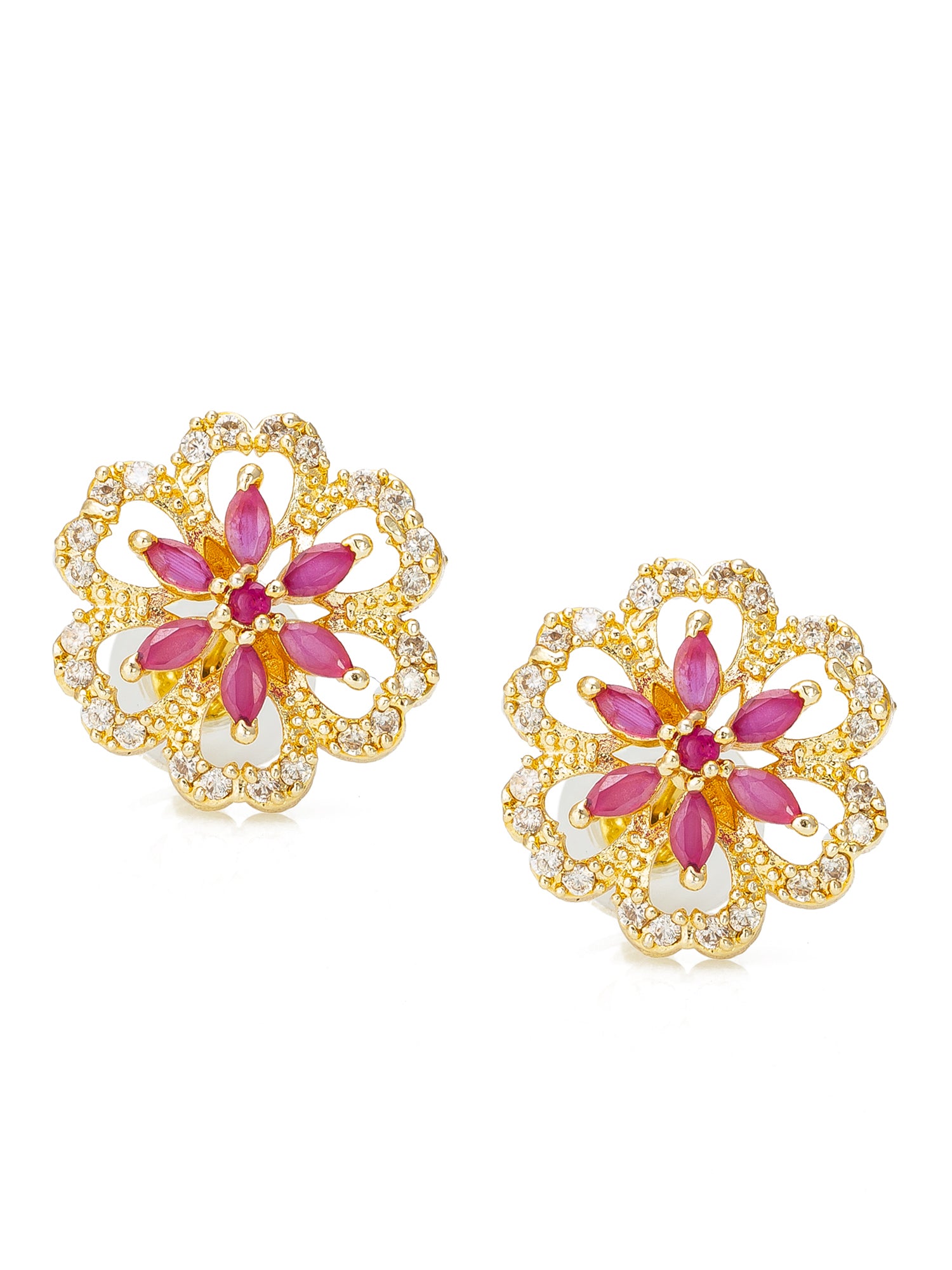 Aadita Ethnic Wear Gold-Plated Floral Open-Work Stud Earrings with Pink Marquise and White AD Stones